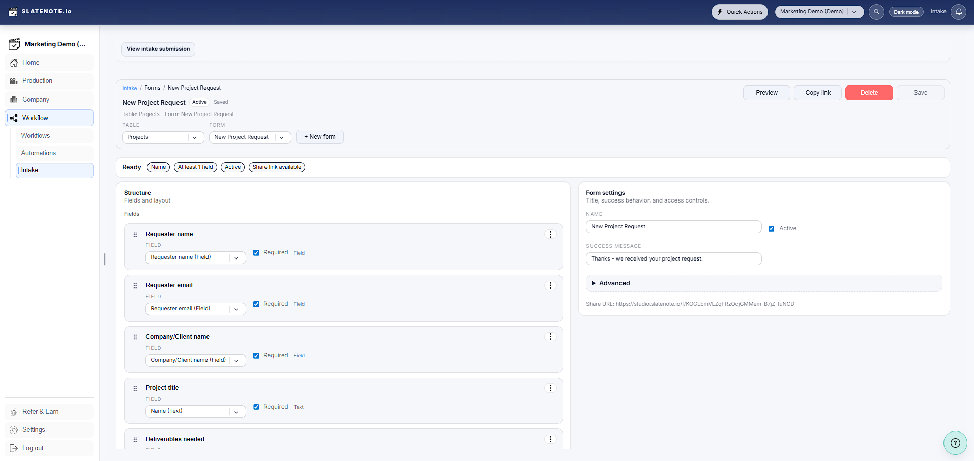 SlateNote intake forms and automations